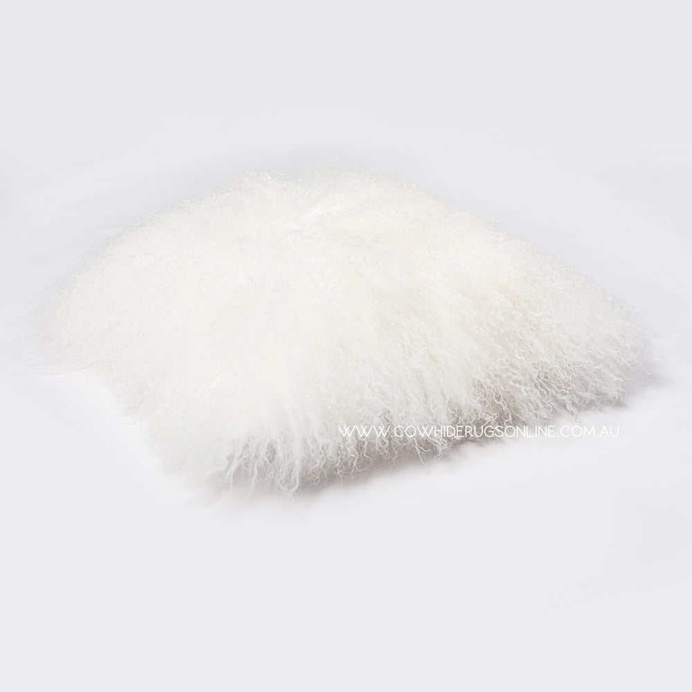 White Mongolian Lambswool 40cm Cushion Fast Shipping Australia Wide Cowhide Rugs Online