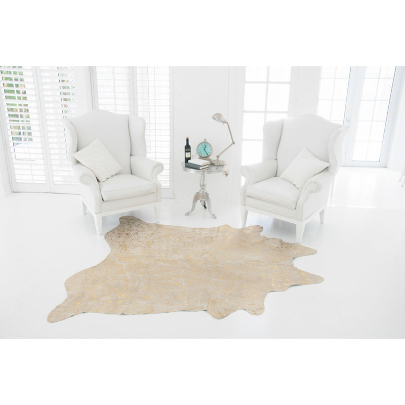 Beige Rug with Metallic Gold Devore Print Cowhide Rug